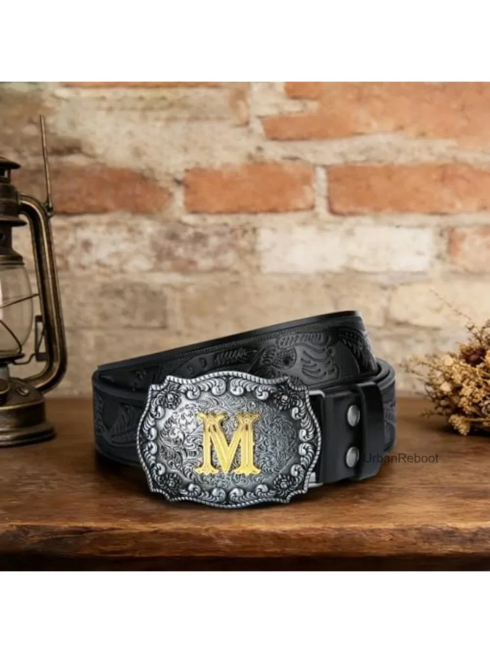 Men's Faux Leather Cowboy Belt with Gold Big Buckle - Western Style